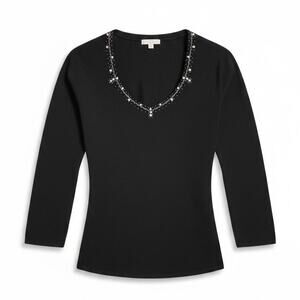 Dressbarn Black Sweater w/ Rhinestones & Clear beads Size Medium 3/4 Sleeve